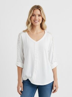 Twig & Perch white linen crocheted sleeve shirt top medium